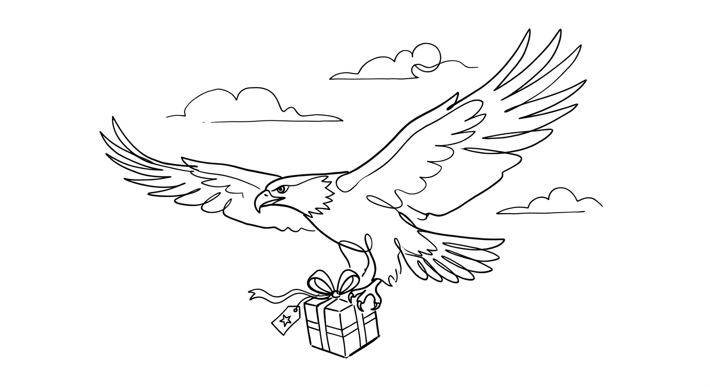 An eagle soaring through the clouds carrying a birthday present.